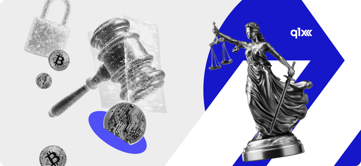 Статуя Фемиды, молоток судьи и криптовалютные монеты — символы регулирования цифровых активов
